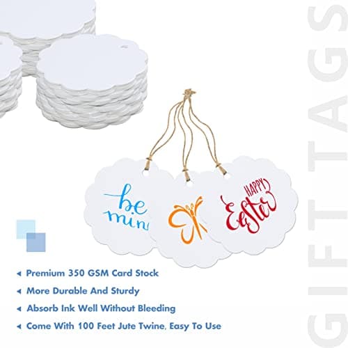 200 étiquettes-cadeaux Kraft Blanc festonnée avec 30 mètres de ficelle de jute naturelle pour l’emballage d’artisanat (6 cm de diamètre)