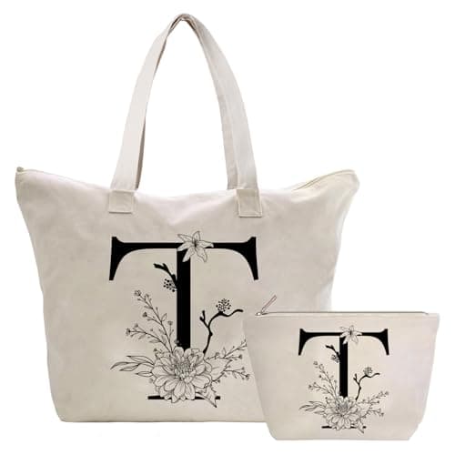 Sac Fourre-Tout en Toile avec Initiale Fleur, Personnalisés Sac Tote bag en Toile Coton Trousse de Maquillage, Idéal pour Mariage Anniversaire Noël, Cadeau pour Femmes Amis Maman Sœurs T