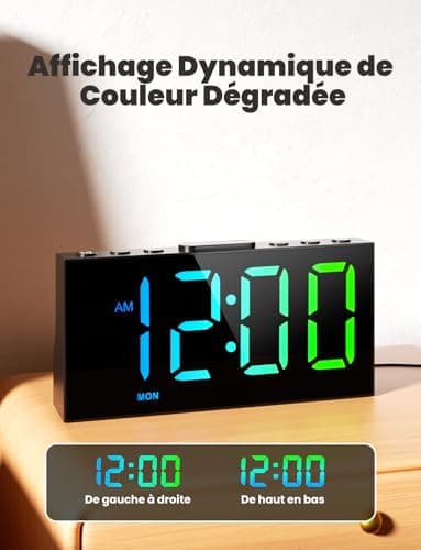 LIORQUE Réveil Numérique, Reveil Ado avec 4 Couleurs Dégradées et 4 Couleurs Fixes, 4 Modes D'alarme, 2 Alarmes, Réglage de La Luminosité, Snooze, 12/24 H, Port USB, Noir