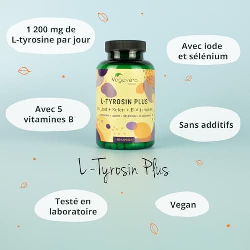L-Tyrosine Plus 1200 mg | THYROIDE* | Avec Iode, Selenium et Vitamine B | Énergie + Fatigue Mentale | 180 Gélules | VEGAN et SANS ADDITIFS | Vegavero®