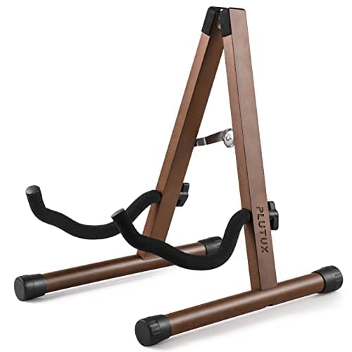 PlutuX Support de Guitare en Bois | Stand A Pliable Universel pour Guitare Acoustique | Electrique | Classique | Basse et Ukulélé | Porte Guitare Portable Support en Bois Dur Naturel Marron Foncé