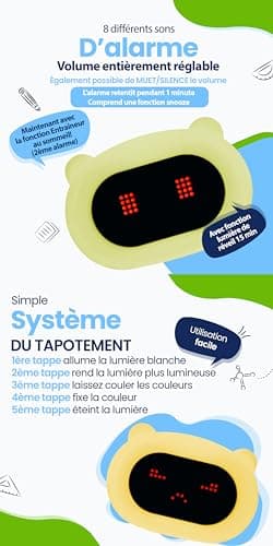 Kadoing® Réveil Enfant Ours - avec Expressions Visages et Fonction de Tapotement - Lumière de Réveil - Entraîneur de Sommeil - Veilleuse - Réveil Jouet Numérique