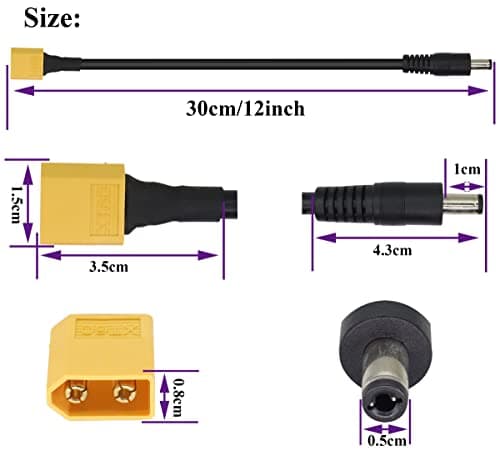 AAOTOKK XT60 Mâle Bullet vers DC5,5x2,5mm Câble de Charge D'alimentation mâle pour fer à Souder TS100,Alimentation du Moniteur FPV,drone(DC 2.5mm-M/30cm-2Pack)