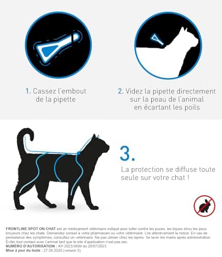 FRONTLINE Spot On Chat - Anti Puces, Tiques & Poux broyeurs - Protège L'Animal pendant 4 semaines contre les Puces, 2 semaines contre les Tiques - Fabriqué En France - 6 Pipettes Application Spot On