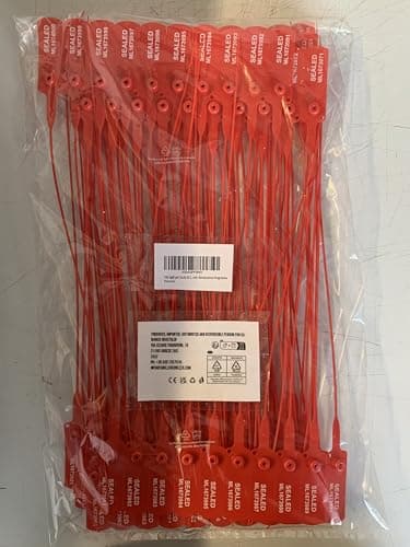 100 Scellé de sécurité pour porte de emergence. Largeur 400 mm. Couleur: Rouge. Matière: Polypropylène. Numérotation consécutive marquée à chaud