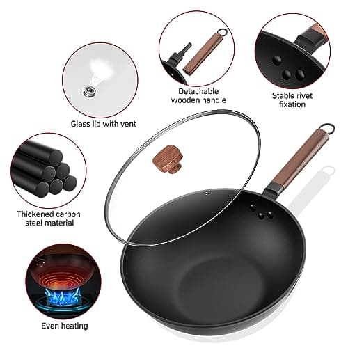 Jobin 33 cm/5,6L Wok en Acier au Carbone Avec Couvercle - Sans Revêtement Chimique - Cuisiner des Plats Asiatiques pour 4-6 Personnes - Convient à Induction/Electrique/Gas