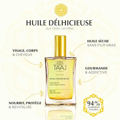 TAAJ | Huile Délicieuse | Huile sèche de Beauté | Corps, Visage & Cheveux | Nourrit, Protège & Revitalise la peau | Peau Satinée |Cheveux Réparés |96% d’ingrédients d’origine naturelle |Vegan | 100 ml
