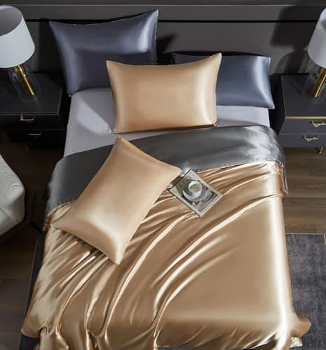 Tospass Housse de Couette Satin 200x200 Dorée Beige Gris Satinée Parure Linge de lit Adulte 2 Personnes Uni Soie Soyeux Brillant Ensemble Literie avec Fermeture éclair et 2x65x65cm Taies d'oreiller