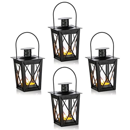 Lanterne en Verre À Terre/Suspendue, Lanterne en Verre Portable, Bougie Chauffe-Plat Petite Lanterne Rétro De Fer, Suspension De Décoration D’Intérieur/Cour (Noir, 4 Pcs)