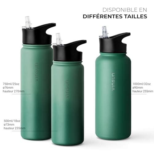VINSUN Gourde Isotherme 1l - Gourde Inox avec Paille (3 Bouchons) - Étanche, sans BPA, Reutilisable - Bouteille d'eau Isotherme pour Sport, Randonnée, École, Bureau