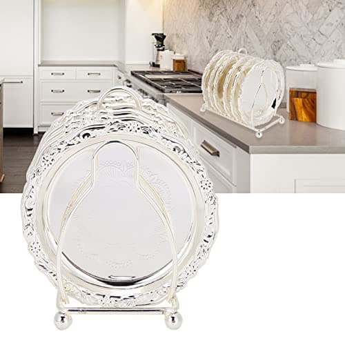 Tomotato 6 Pièces Dessous de Verre, 10cm sous-Verre Ronde en Métal Rétro de Style Européen avec Support, Tapis de Tasse Antidérapants pour Mariage, Dîners, Restaurant, Hôtel(Argent)
