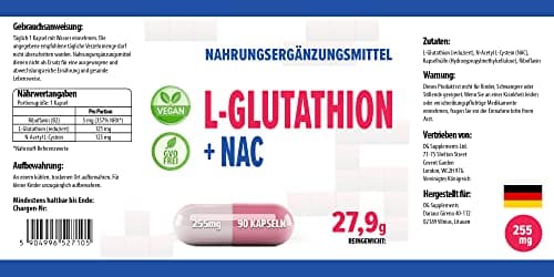 Hepatica L-Glutathione + NAC (N Acétyl Cystéine) 255mg 90 gélules végétales, Testé par un Laboratoire tiers, sans gluten ni OGM