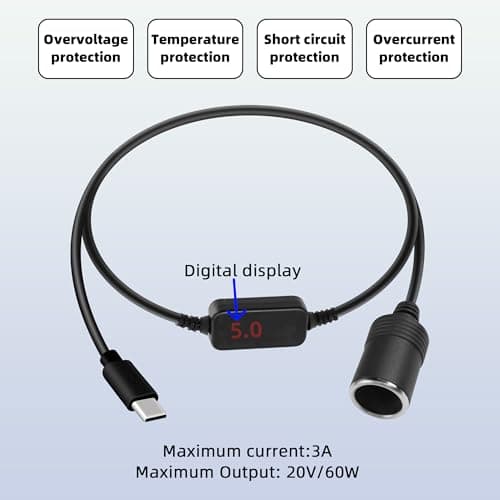RIIEYOCA Câble Convertisseur USB C Mâle vers Prise Allume-Cigare, 5V à 20V Type C, Adaptateur Allume-Cigare Femelle avec Affichage Numérique pour Caméra de Tableau de Bord, GPS (0.3M/1FT)