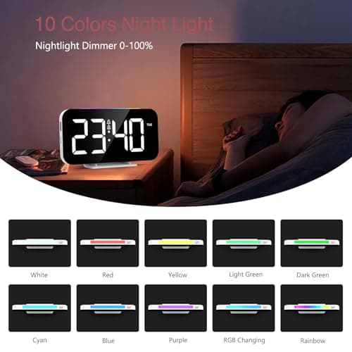 LOFICOPER Réveil Numérique, Horloge de Chevet Numérique avec 10 Modes de Lumière de Nuit RVB, Grand Écran de 16,8cm, 5 Luminosités Réglables, Double Alarme, Répétition, Port de Charge USB