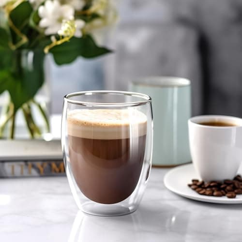 Joeyan Lot de 4 Tasse à Café Épais à Double Paroi, 350ml Verres à Expresso avec Cuillères en verre, Transparent Borosilicaté Isolation,Verres Thermiques à Effet Flottant,pour Latte,Bière,Lait,Thé
