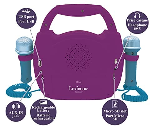 Lexibook - Disney la Reine des Neiges 2 - Lecteur musical karaoké portable pour enfants – Micros, Effets lumineux, Bluetooth, Enregistrement/changement de voix, Batteries rechargeables,Violet,MP320FZZ