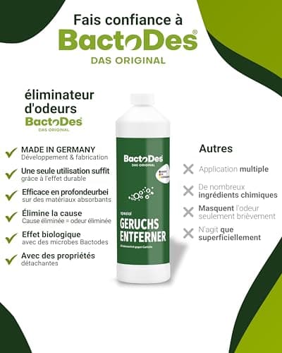 BactoDes - Desodorisant Maison 1L concentré avec Vaporisateur mélangeur - Nettoyant enzymatique Universel avec Action microbienne Bio - Élimination Efficace de Toutes Les Odeur Maison