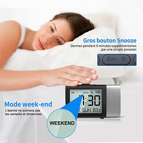 MeesMeek Horloge à Projection numérique: Affichage LCD Clair avec température Date 12/24H et luminosité réglable, Réveil de Bureau à Piles Facile à régler pour Enfants Adultes et la Chambre à Coucher