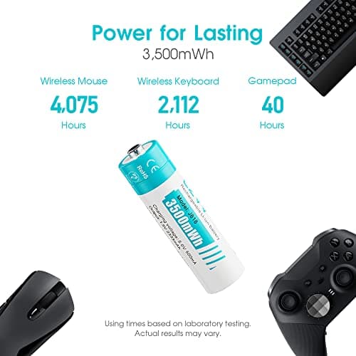 Piles Rechargeables Lithium AA 1,5V - Chargeur avec 12 Pack Accu Haute Capacité 3500mWh - Recharge Rapide 2H - Longue Durée 10 Ans, 1300 Cycles, Sortie Constante, Aux Souris, Claviers, Manettes de Jeu