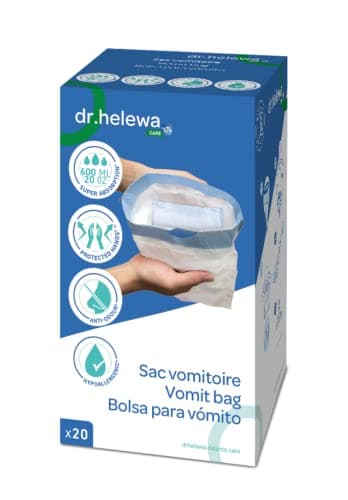V600x80 Sac VOMITOIRE MULTIPACK = 80 sacs. Avec jupe extérieure intégrée pour la protection des mains. Absorbe 600 ml. Hypoallergénique et testé dermatologiquement. (Lot de 4 = 80 sacs avec tapis)
