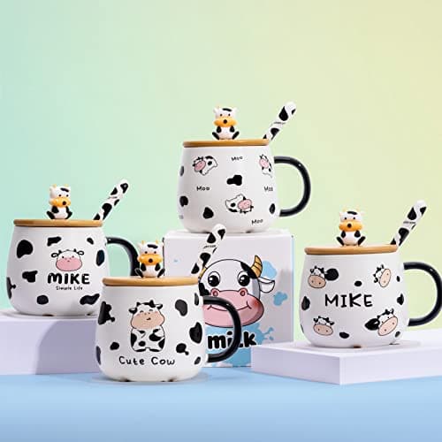 SHENDONG Tasse à café en forme de vache mignonne avec joli couvercle, dessous de verre et cuillère kawaii - Cadeau d'anniversaire pour femme, amoureux des vaches, filles et enfants