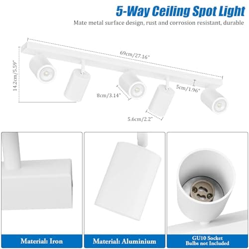 Klighten Plafonnier 5 Spots GU10, Spot Plafond Blanc Orientable, Moderne Luminaire Plafonnier, Spot Plafond 5 spots Interieur pour Cuisine, Chambre, Salon, 69 cm, Ampoule non Incluse
