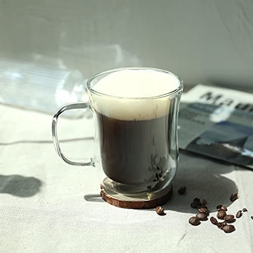 Lot de 2 Verres à Double Paroi 250ml - Verres à Cappuccino avec Poignée - Tasse à Café en Verre Borosilicate pour Thé, Lattes, Jus et Eau - Cuillères en Verre Incluses