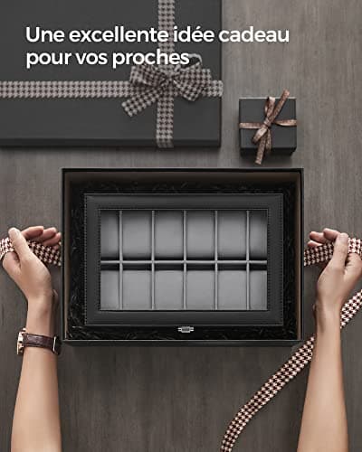SONGMICS Boîte à Montres à 12 Emplacements, Coffret à Montres, Écrin, avec Couvercle en Verre, Coussinets Amovibles, Serrure en Métal, Revêtement en Noir et Doublure en Noir JWB12B