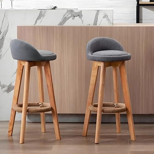 Lot de 2 Tabourets de Bar Gris, Chaises de Bar de Comptoir de Cuisine avec Siège en Tissu Rembourré, Pieds en Bois Massif, Tabourets de Bar Rotatifs à 360° Chaises Hauts de Salle à Manger (63cm)
