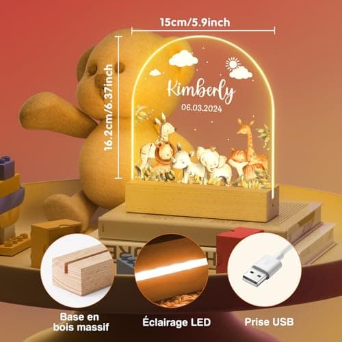 iDIY Veilleuse Bébé Cadeau Naissance Personnalisé - Cadeau Personnalisé Bebe, Cadeau Naissance Garçon ou Fille, Lampe Personnalisée Decoration Chambre Bebe - Safari