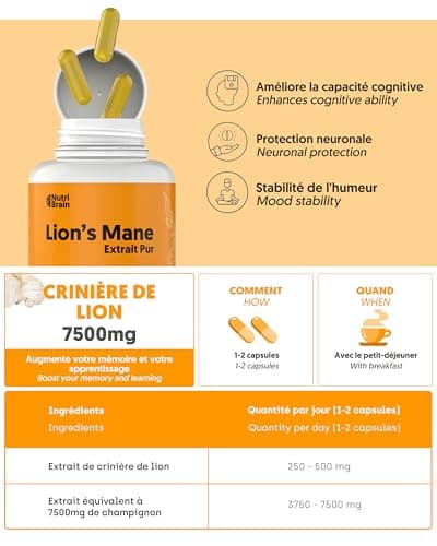 Lions Mane Pure 7500mg (2x1) Ultra-concentrée 50% | Nootropic : Mémoire, Concentration et Santé Cérébrale | Amélioration Cognitive à Long Terme | Bien-être Émotionnel et Gastro-intestinal | 140 Caps