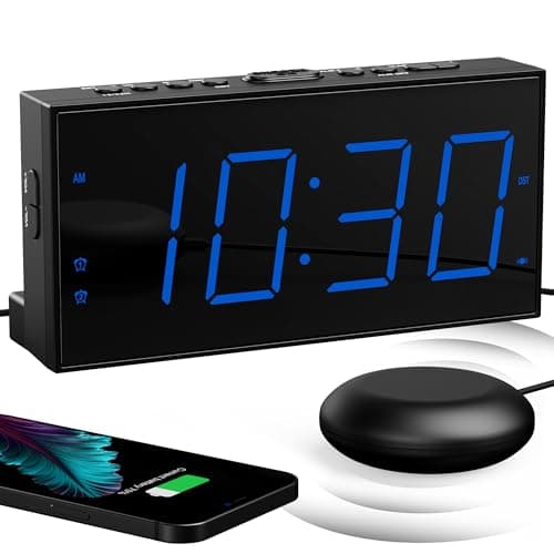 Réveil Extra Fort avec Secoueur de Lit, Réveil Vibrant à LED 7'' pour Sourd et Malentendant, Gros Dormeur, Réveil Double, Lumineux à 5 Niveaux, Snooze, Charger USB, Variateur d'Intensité, 12/24 H