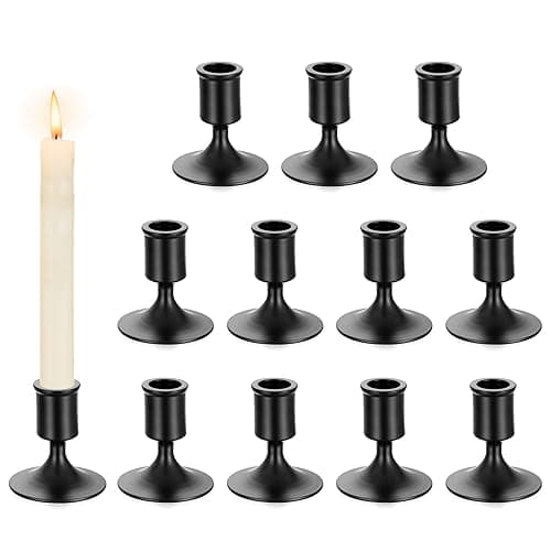 Romadedi Chandelier Bougeoir Noir Halloween - Lot de 12 Petite Bougeoirs Mariage Métal Décoratifs pour Bougies Chandelles Piliers Noel Decoration Maison L’Avent Centre de Table Moderne