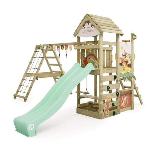 Disney Le Roi Lion Story Aire de Jeux de Wickey - Structure d'escalade, Tour d'escalade, Jeux de Jardin pour Enfants - Aire de Jeux extérieure en Bois avec bac à Sable