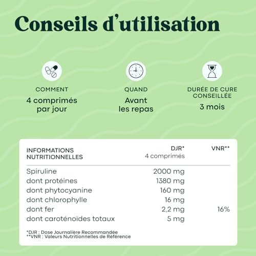 Spiruline Bio 500 mg, Pure et Naturelle, Cure de 1 mois, Réduit la Fatigue, Favorise l'Immunité, 120 Comprimés Vegan, Riche en Protéines et Phycocyanine, Essentials by Novoma