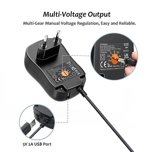 Zolt Adaptateur Secteur Universel 3V 4.5V 5V 6V 7.5V 9V 12V AC DC Adaptateur Multi-Tension avec Port USB 5V 2A et 10 Connecteurs DC, 2000mA Max.