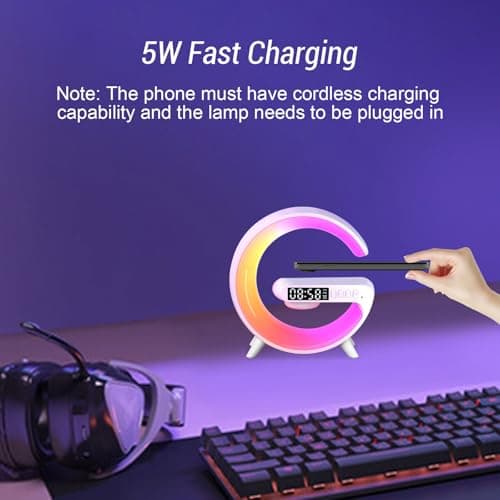 Les-Theresa G Light lampe à chargeur sans fil, lampe à chargeur sans fil avec haut-parleur Bluetooth, lampe de chevet avec chargeur sans fil, lampe d'ambiance G avec réveil (blanc)