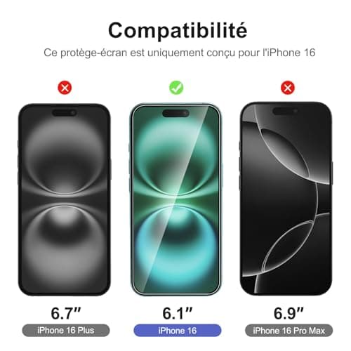 NEW'C Kit de 4, 2 x Verre Trempé pour iPhone 16 (6,1 Pouces) et 2 x Protection Caméra Arrière - Anti Rayures - sans Bulles d'air -Ultra Résistant - Dureté 9H Glass