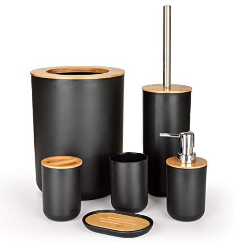 Ensemble Salle de Bain Accessoires en Bambou - 6Pièces Accessoire Salle de Bain Noir Contient Bouteilles de Lotion, Porte-Brosse à Dents, Tasse à Dents, Porte-Savon, Brosse de Toilette, Poubelle