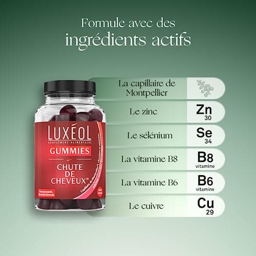 LUXÉOL - Gummies Chute Cheveux - Complément Alimentaire - Aide À Prévenir La Chute - Arômes Naturels Orange & Mandarine - Sans Sucres - Fabriqué En France - Programme 1 Mois - 60 Gummies