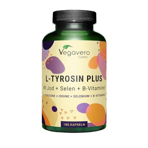 L-Tyrosine Plus 1200 mg | THYROIDE* | Avec Iode, Selenium et Vitamine B | Énergie + Fatigue Mentale | 180 Gélules | VEGAN et SANS ADDITIFS | Vegavero®