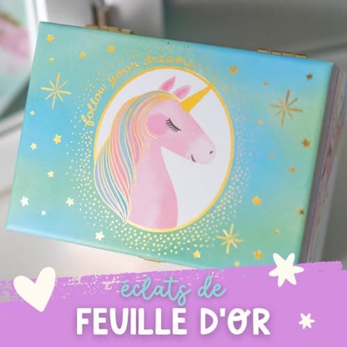 Boîte à Bijoux Musicale Licorne pour Filles - Boîte à Musique Licorne pour Enfants avec Miroir, Cadeaux d'Anniversaire Licorne pour Petites Filles, Boîte à Bijoux, 15,2 x 11,8 x 8,9 cm - 3-10 ans