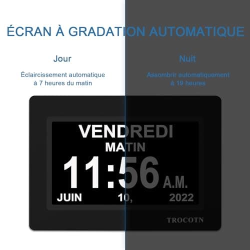 TROCOTN 7 Pouces Horloge numérique Horloge de Jour Grand écran réveil Horloge Murale (Noir)
