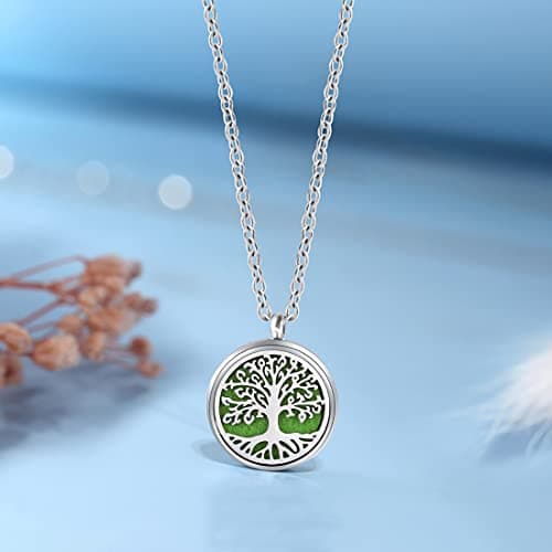 Diffuseur Huiles Essentielles Colliers, Bijoux Aromathérapie Pendentif Arbre De La Vie Collier Aromatherapie Femme,Aromathérapie Huile essentielle Diffuseur Pendentif Collier, avec 10 Patins en feutre