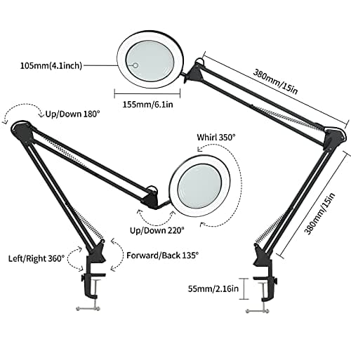 Beyamz - lampe loupe/lampe de travail/avec verre véritable 105 mm 5 dioptries/éclairage tricolore à intensité variable / 750 lm par 72 LED/rayon de travail 90 cm/connexion USB