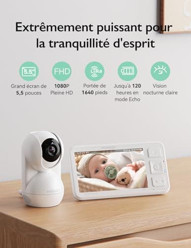 Momcozy Babyphone avec caméra Écran 5.5 Pouces Full HD 1080P Moniteur bébé sans WLAN 5800 mAh Vision Nocturne Claire, ECO, VOX, Audio bidirectionnel portée de 500 m, Prendre des Photos et des vidéos