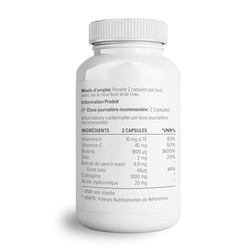 Complexe de collagène Theonia 60 capsules, acide hyaluronique et varech marin, vitamine E, C, biotine, ongles sains, peau, métabolisme des articulations des cheveux, supplément marin de type 1