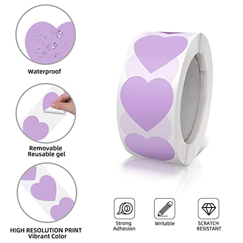 Autocollants Cœur Pastel Violet Auto-adhésif En Forme De Cœur Étiquettes Rouleau 25mm Petit Code Couleur Heart Sticker Amour Pour Mariages Scrapbooking Cadeaux Décoration 500 Pièces