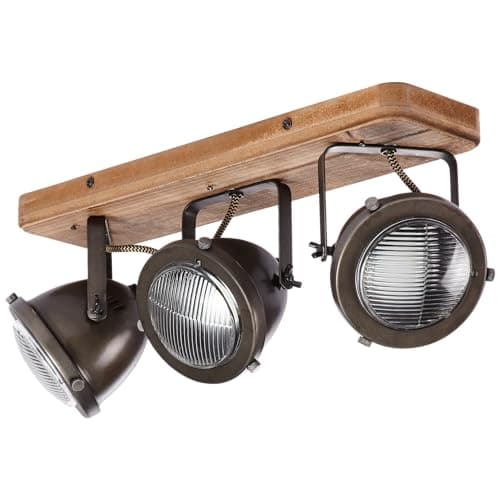 Lightbox 3 flammiger Deckenstrahler im Vintage Look - Industrial Deckenleuchte mit schwenkbaren Köpfen -aus Metall/Kiefernholz in Stahlfarben