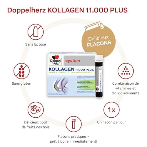 Doppelherz, Kollagen 11000 Plus, Hydrolysat de collagène et Vitamines C, D et minéraux, Pour les os, cartilages et muscles, Goût fruits des bois, 30 flacons de 25ml